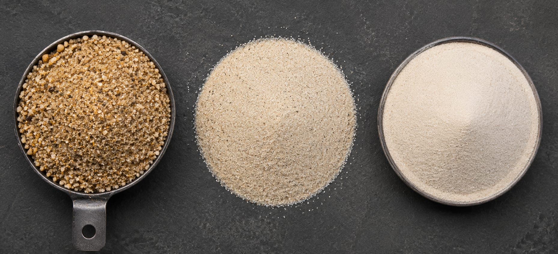 Three sand samples — brickies, river and plaster sand — shown top-down for comparison