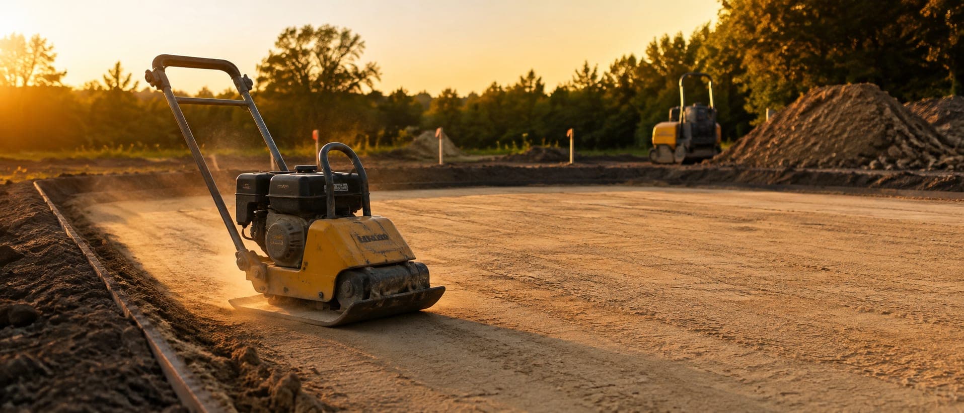 Plate compactor mid-pass on a freshly filled sand pad at dusk