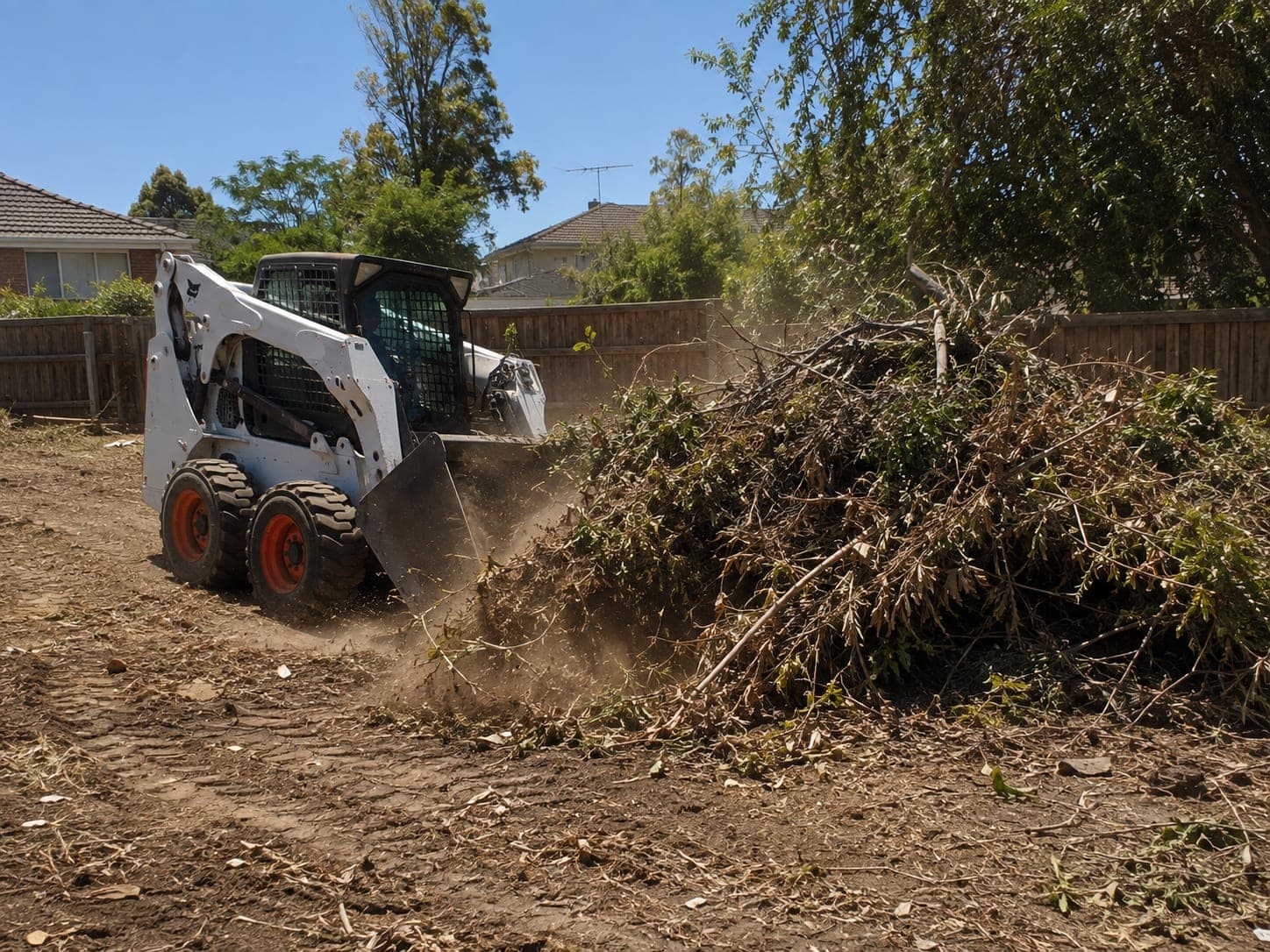 Bobcat pushing cleared vegetation and debris into a stockpile