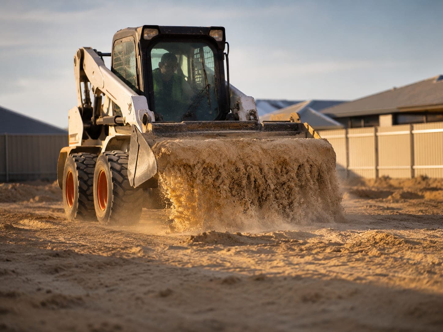 Bobcat spreading and shaping sand pad fill on a residential block