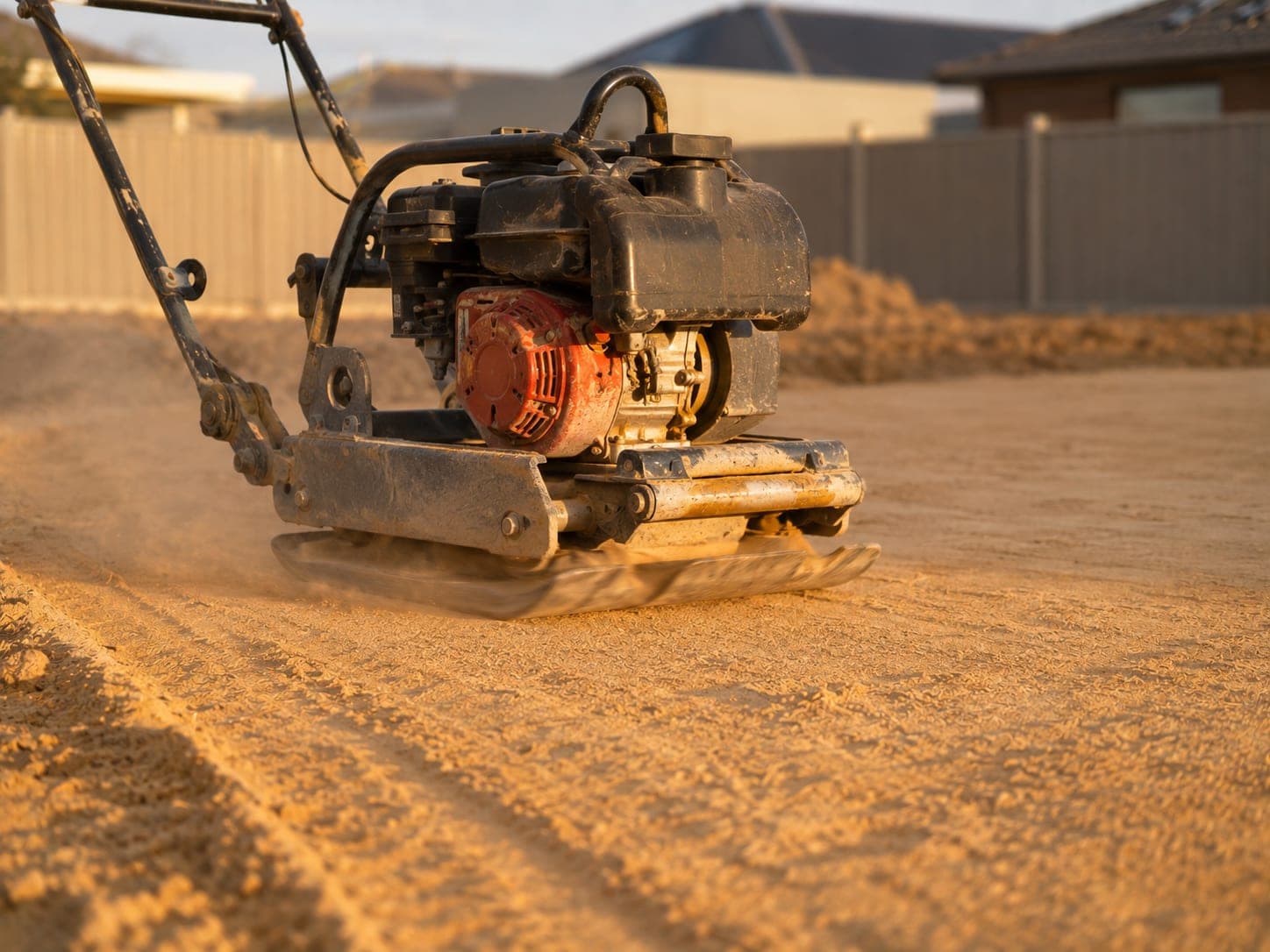 Plate compactor mid-pass tightening a sand pad before slab work
