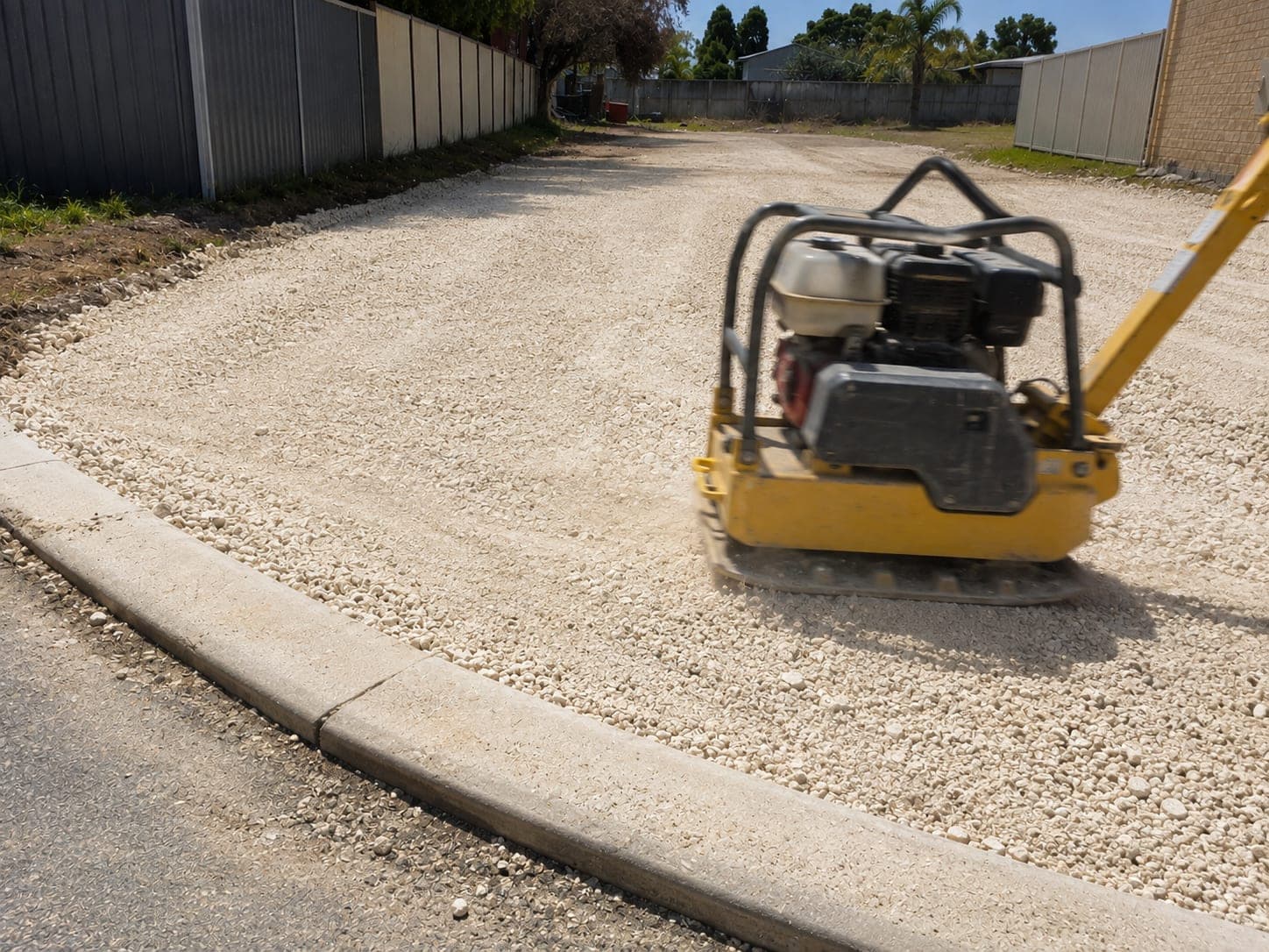 Compacting and trimming a limestone driveway base to level